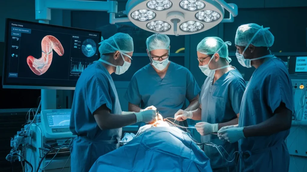 Robotic arm guided by AI assisting a surgeon during a minimally invasive procedure.