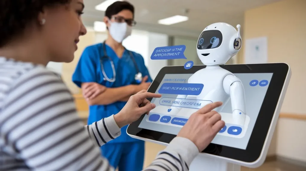 AI chatbot helping a patient schedule an appointment in a hospital setting, improving workflow.