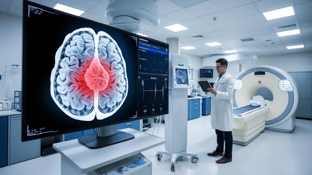 AI system analyzing CT scan to detect health anomalies in a high-tech medical lab.