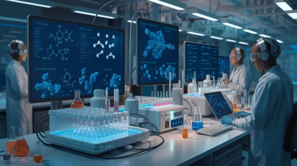 AI-driven system analyzing molecular structures in a lab to accelerate drug discovery.
