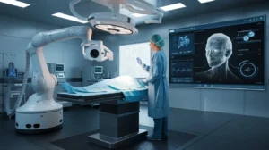 Doctor using AI technology and robotic arm for advanced medical diagnosis and surgery in a modern hospital.