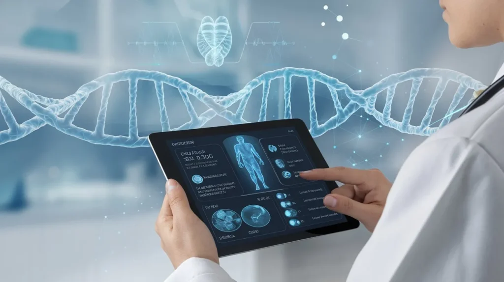 Doctor reviewing personalized treatment plan generated by AI based on patient genetic data.