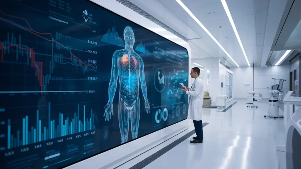AI predicting future health risks using real-time data analytics in a futuristic hospital.